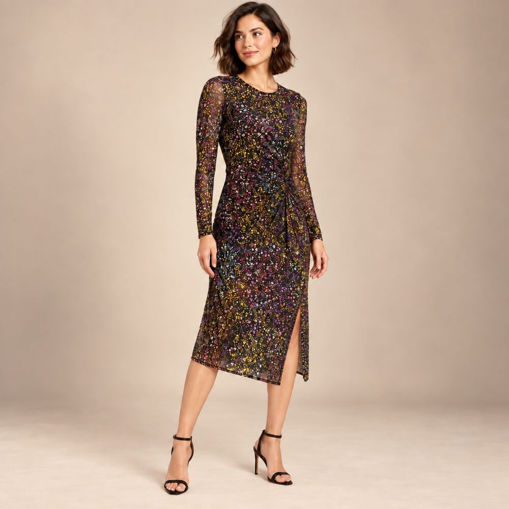 Leith Multi Ditsy Floral Midi Bodycon Dress M Event Party Artsy NWT